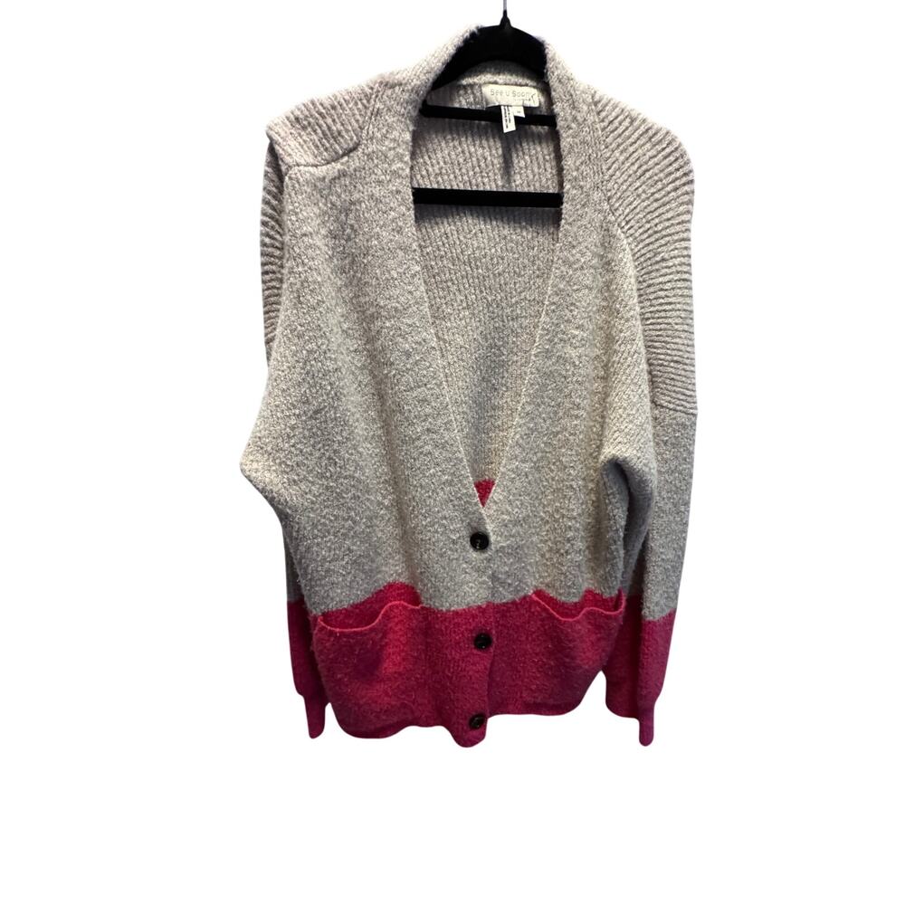 See U Soon Size M Oversized Colorblock Knit Button Up Cardigan Sweater Pink Tan - Picture 1 of 7